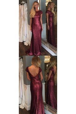 Long Grape Purple Sequin Bridesmaid Dresses with Cap Sleeves 902463