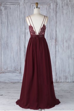 Long Grape Purple Chiffon Lace Spaghetti Straps Bridesmaid Dresses 902482