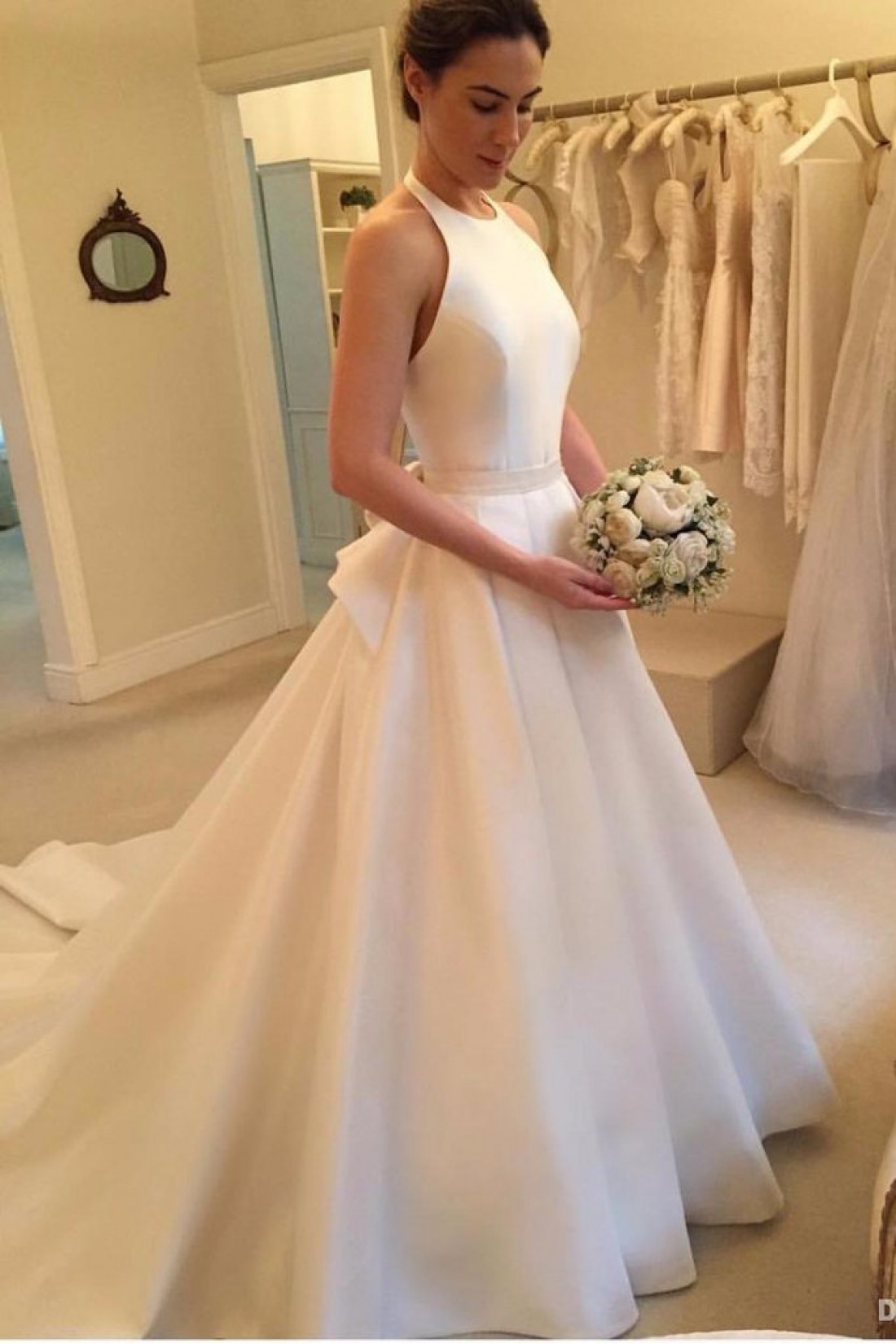 Halter White A-line Long Dress with Boning