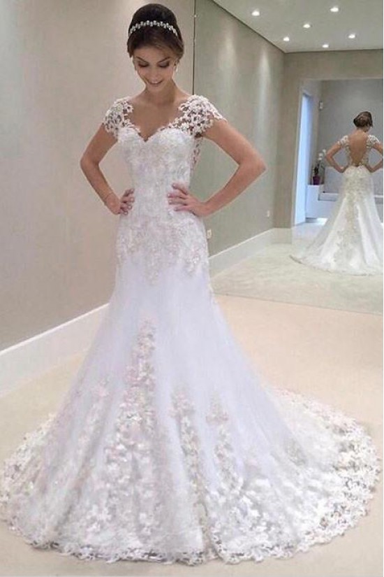 A-Line V Neck Lace Long Wedding Dresses Bridal Gowns 903066 A-Line V Neck Lace Long Wedding Dresses Bridal Gowns 903066