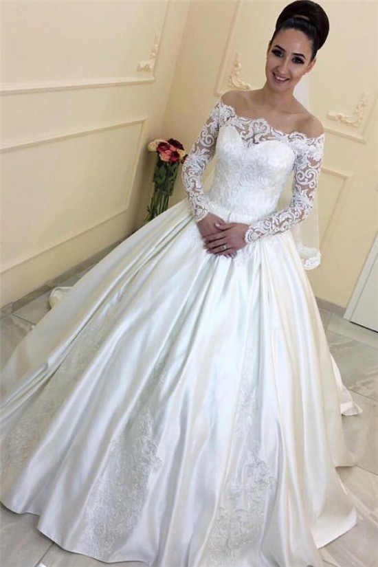 Elegant Satin and Lace Long Sleeves Wedding Dresses Bridal Gowns 903112 Elegant Satin and Lace Long Sleeves Wedding Dresses Bridal Gowns 903112