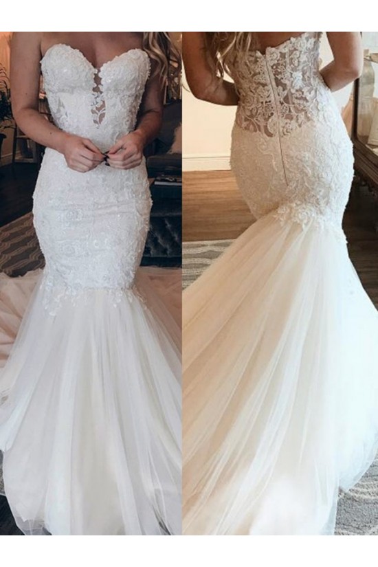 Long Mermaid Sweetheart Spaghetti Straps Tulle Beading Wedding Dress with Ruffles