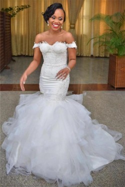 Mermaid Lace and Tulle Off the Shoulder Wedding Dresses Bridal Gowns 903210