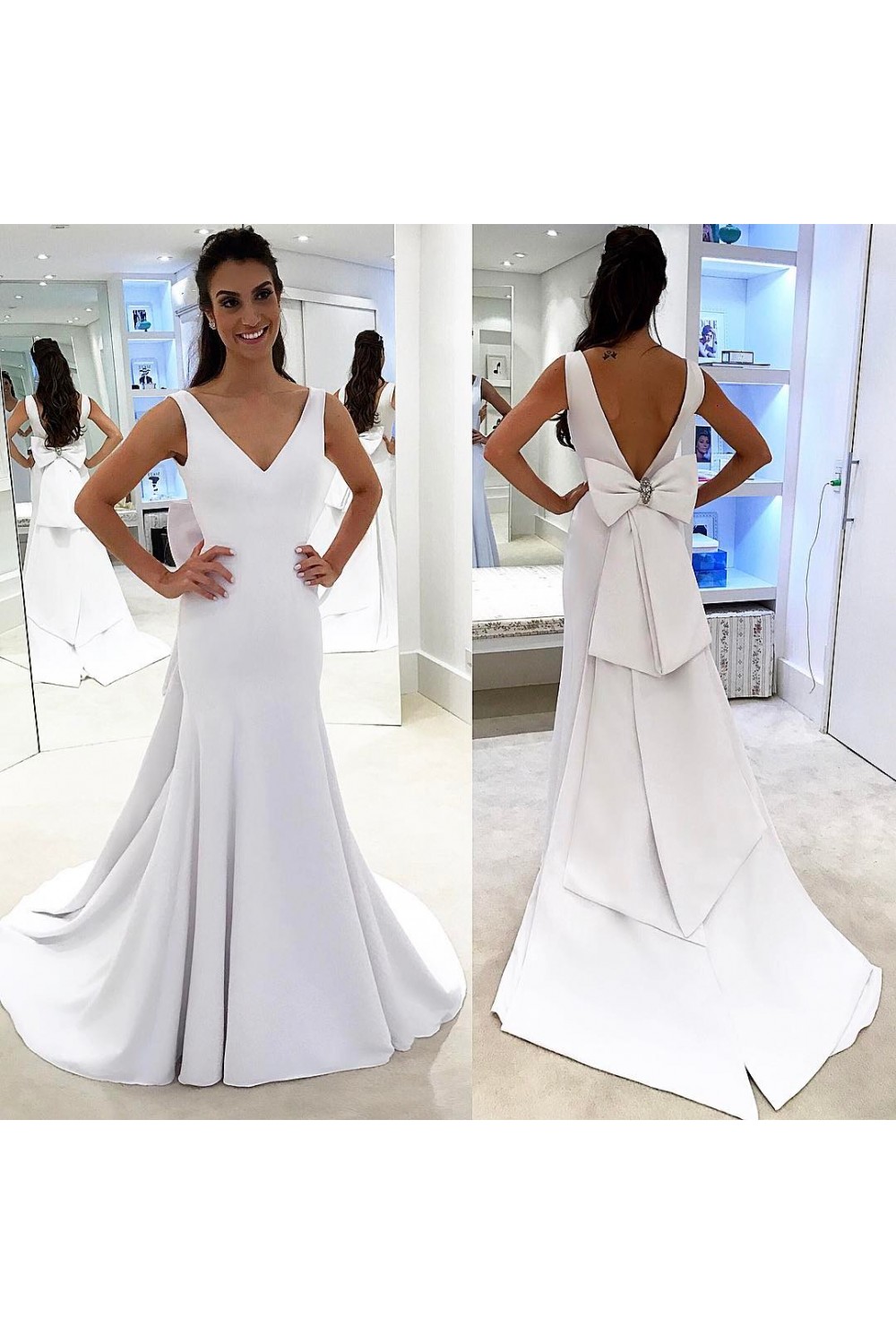 V Neck Button Chiffon Mermaid Long Sleeve Wedding Dress main image 0