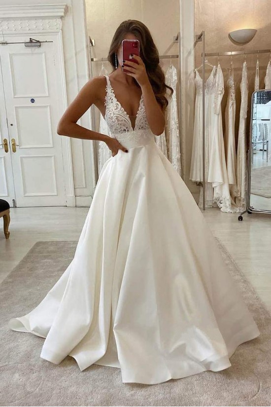 A-Line Satin and Lace Long Wedding Dresses Bridal Gowns 903262 A-Line Satin and Lace Long Wedding Dresses Bridal Gowns 903262