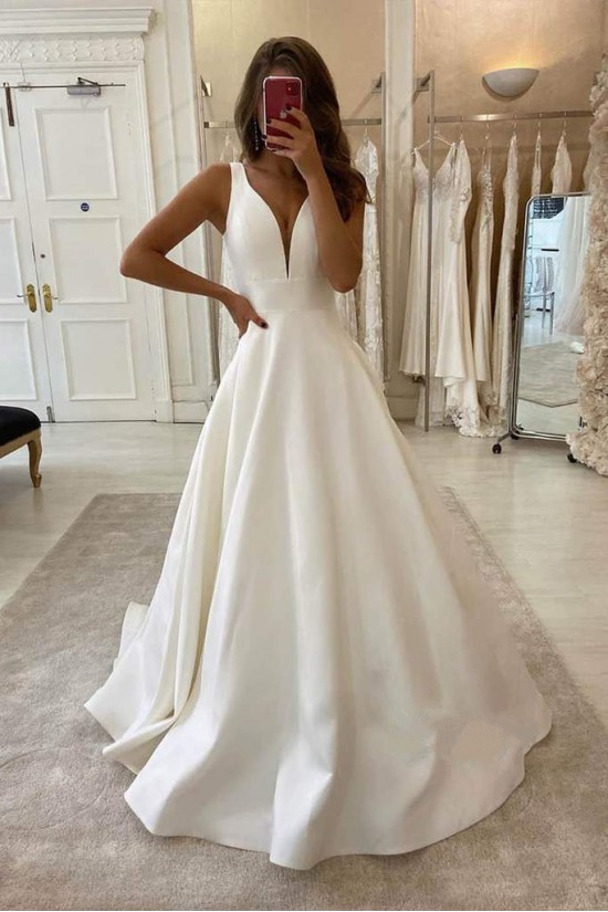 A-Line V Neck Long Satin Wedding Dresses Bridal Gowns 903263 A-Line V Neck Long Satin Wedding Dresses Bridal Gowns 903263