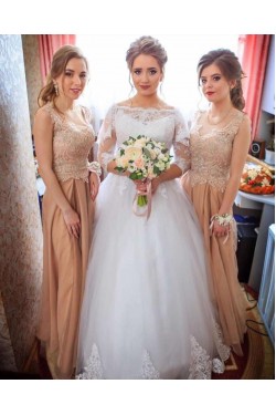 A-Line Lace and Tulle Wedding Dresses Bridal Gowns with Sleeves 903338