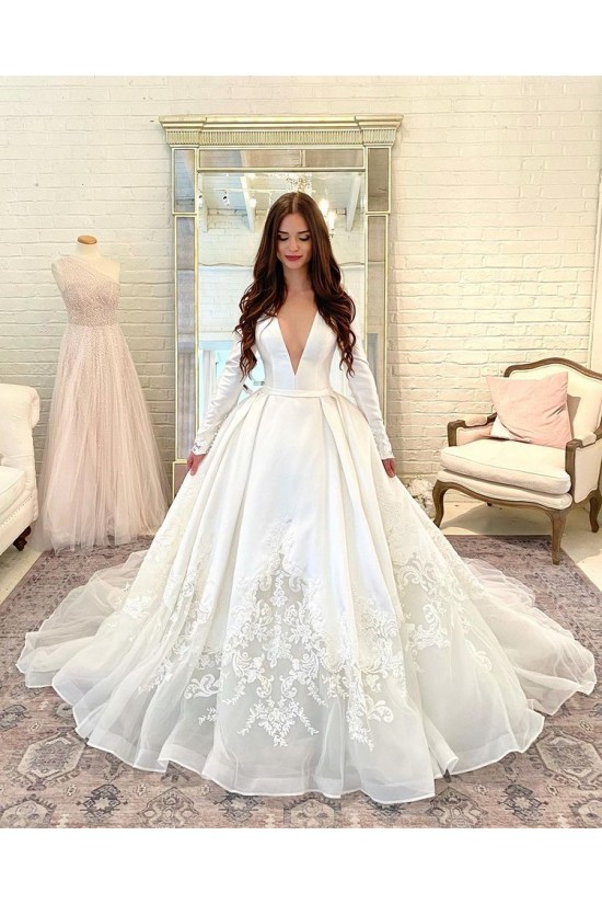 A-Line V Neck Lace Wedding Dresses Bridal Gowns with Long Sleeves 903340 A-Line V Neck Lace Wedding Dresses Bridal Gowns with Long Sleeves 903340