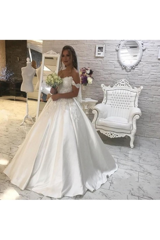 A-Line Lace and Satin Off the Shoulder Wedding Dresses Bridal Gowns 903350 A-Line Lace and Satin Off the Shoulder Wedding Dresses Bridal Gowns 903350