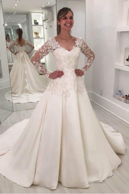 A-Line Lace Long Sleeves V Neck Wedding Dresses Bridal Gowns 903363 A-Line Lace Long Sleeves V Neck Wedding Dresses Bridal Gowns 903363