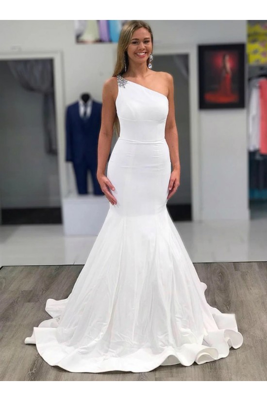 One Shoulder Silk Satin Mermaid Bridesmaid Dresses Long Wedding Party Gowns UQB0031