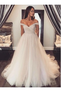 A-Line Beaded Tulle Off the Shoulder Wedding Dresses Bridal Gowns 903396