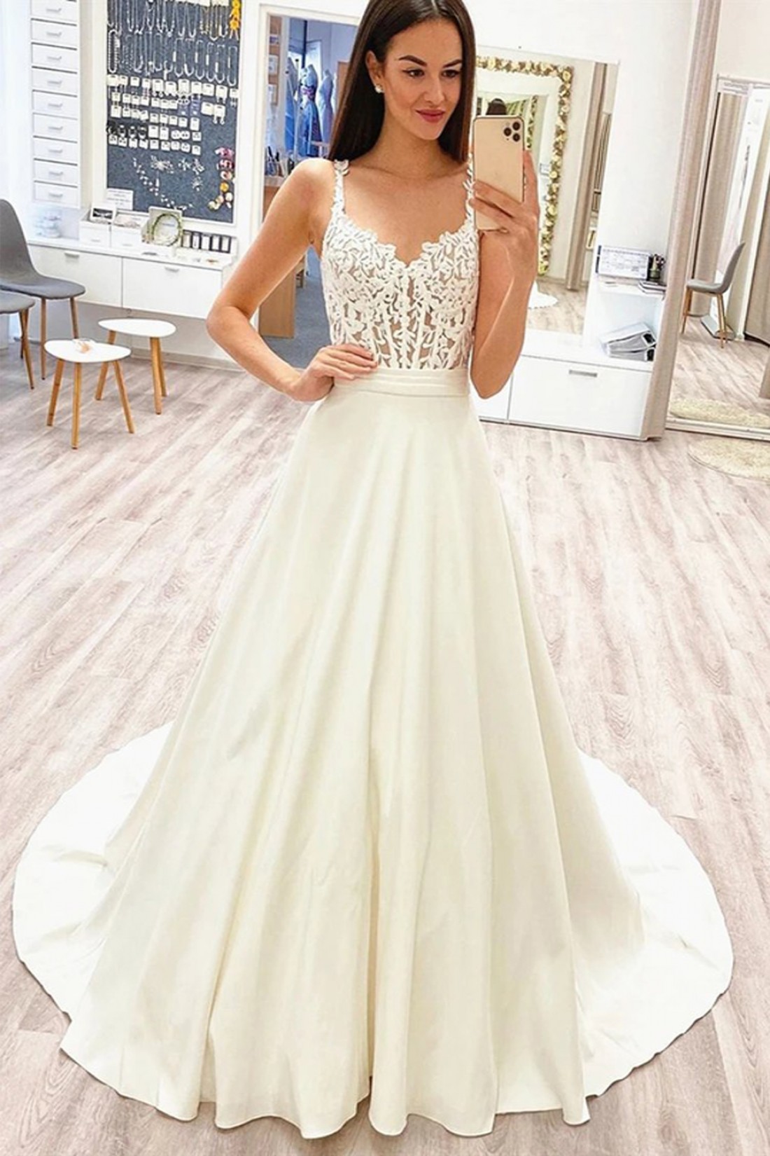 Chic Bridal Gown Wedding Dress Elegant A Line Satin Long Wedding Dress Bridal Gowns DP633