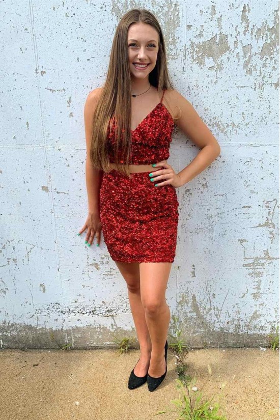 Short/Mini Blue Two Pieces Sequins Tight Prom Dresses Homecoming Dresses 904049