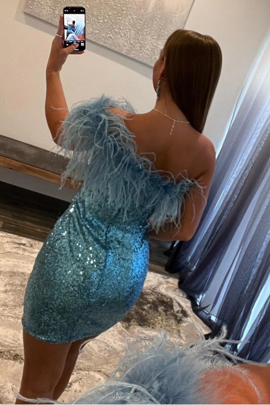 Short/Mini Blue One Shoulder Prom Dresses Homecoming Dresses with Feathers 904051