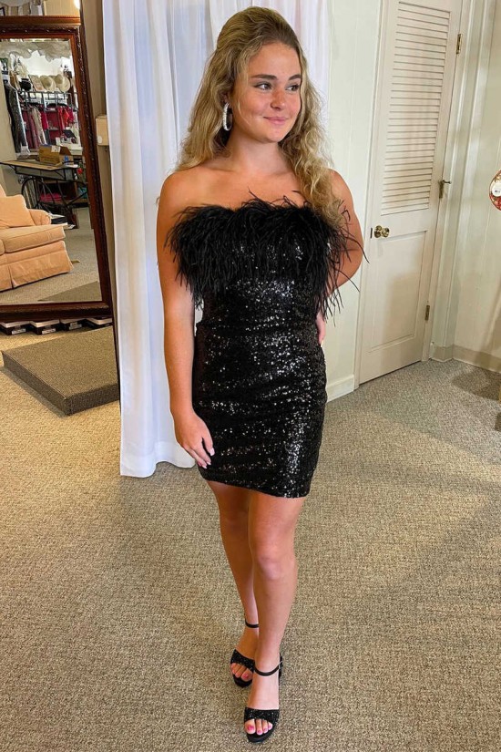 Short/Mini Black Strapless Sequins Prom Dresses Homecoming Dresses 904074