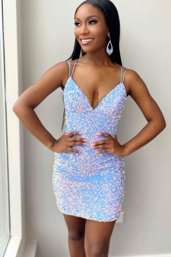 Short/Mini Blue V Neck Sequins Prom Dresses Homecoming Dresses 904076