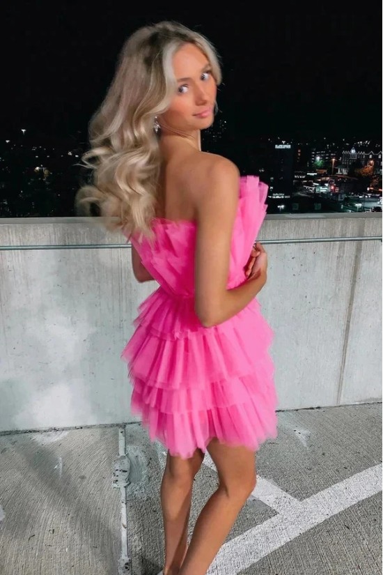 Short/Mini Hot Pink Strapless Tiered Prom Dresses Homecoming Dresses 904086 Short/Mini Hot Pink Strapless Tiered Prom Dresses Homecoming Dresses 904086