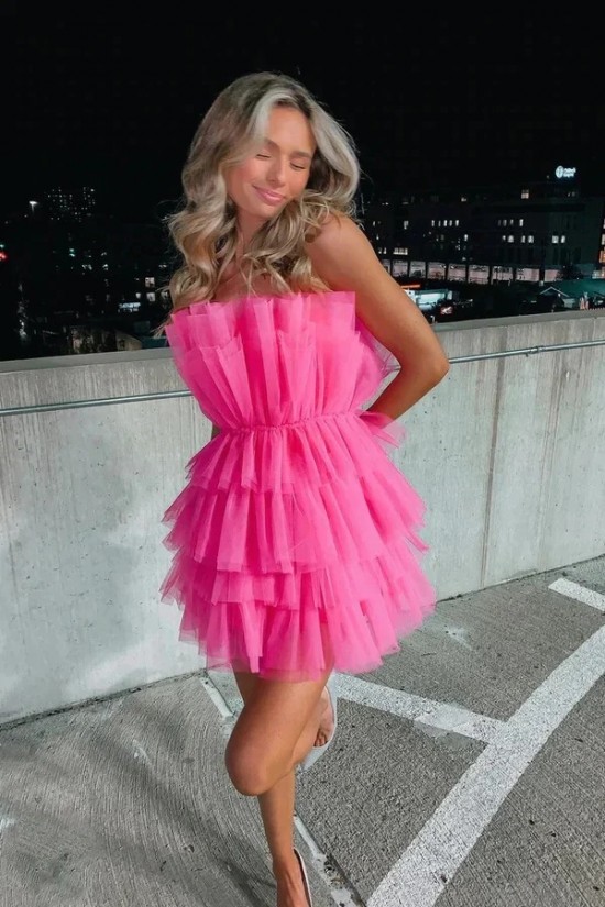 Short/Mini Hot Pink Strapless Tiered Prom Dresses Homecoming Dresses 904086 Short/Mini Hot Pink Strapless Tiered Prom Dresses Homecoming Dresses 904086