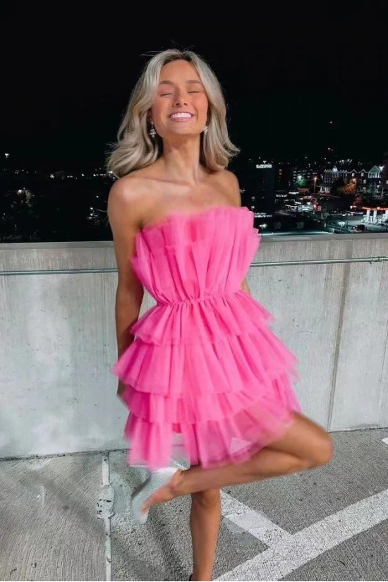 Short/Mini Hot Pink Strapless Tiered Prom Dresses Homecoming Dresses 904086 Short/Mini Hot Pink Strapless Tiered Prom Dresses Homecoming Dresses 904086