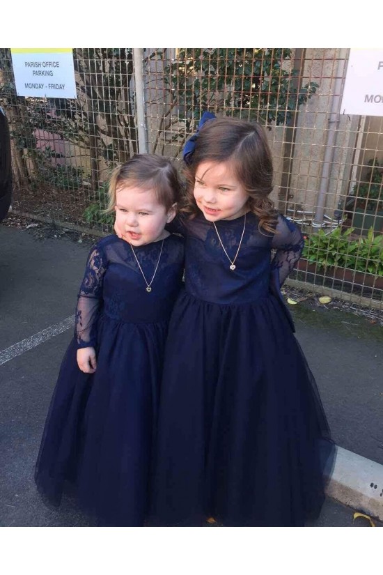 Lace and Tulle Long Sleeves Navy Blue Floor-Length Flower Girl Dresses 905004 Lace and Tulle Long Sleeves Navy Blue Floor-Length Flower Girl Dresses 905004