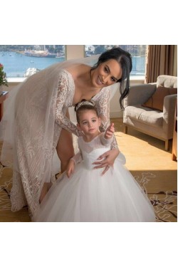 Lace and Tulle Long Sleeves Flower Girl Dresses 905015