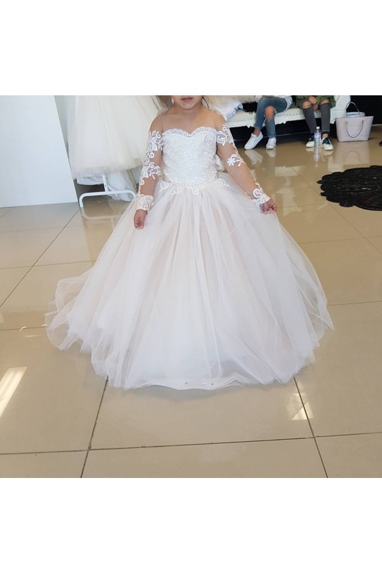 Cute Lace and Tulle Long Sleeves Flower Girl Dresses 905017
