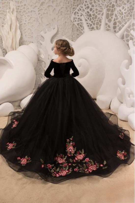 Long Black Tulle Flower Girl Dresses with Sleeves 905097 Long Black Tulle Flower Girl Dresses with Sleeves 905097