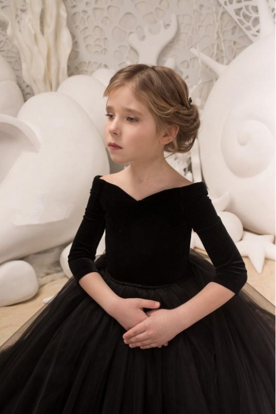 Long Black Tulle Flower Girl Dresses with Sleeves 905097 Long Black Tulle Flower Girl Dresses with Sleeves 905097