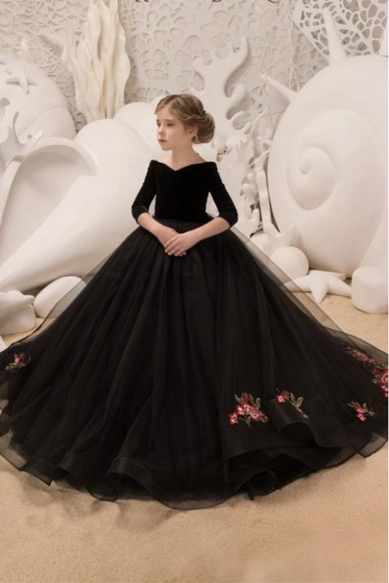 Long Black Tulle Flower Girl Dresses with Sleeves 905097 Long Black Tulle Flower Girl Dresses with Sleeves 905097