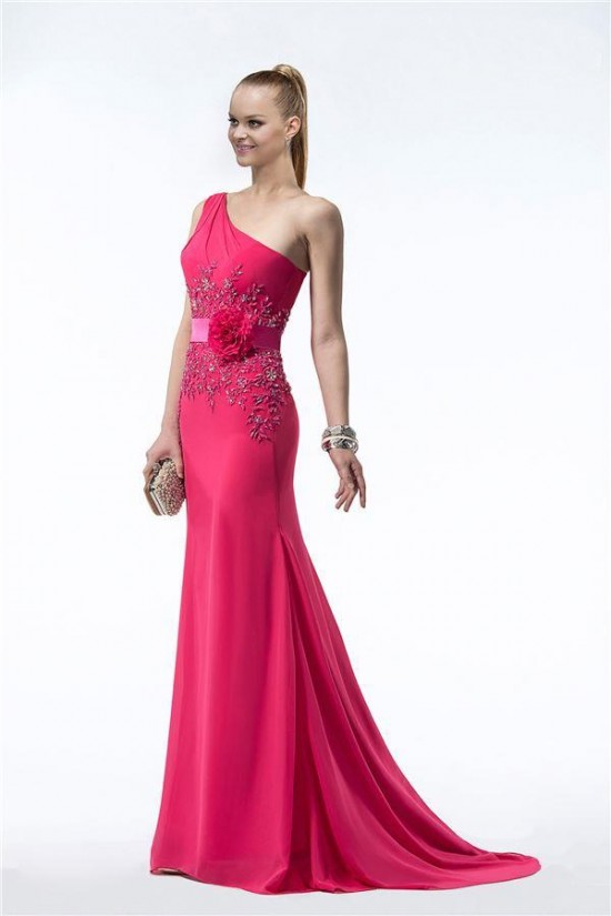 Sheath One-Shoulder Hot Pink Beaded Long Chiffon Bridesmaid Dresses/Evening Dresses BD010315 Sheath One-Shoulder Hot Pink Beaded Long Chiffon Bridesmaid Dresses/Evening Dresses BD010315