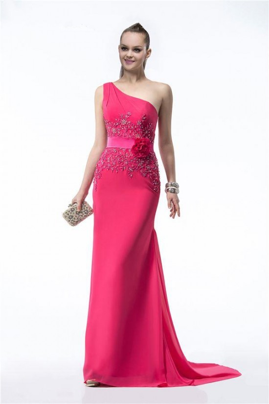 Sheath One-Shoulder Hot Pink Beaded Long Chiffon Bridesmaid Dresses/Evening Dresses BD010315 Sheath One-Shoulder Hot Pink Beaded Long Chiffon Bridesmaid Dresses/Evening Dresses BD010315