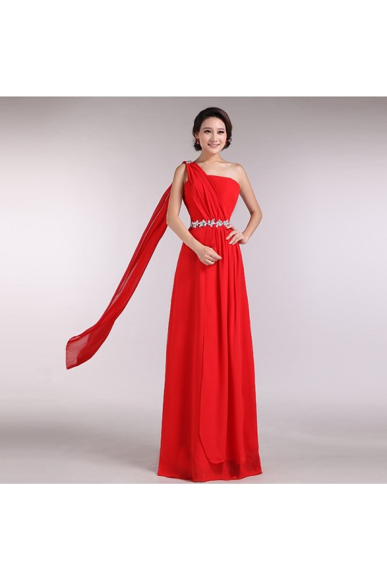 A-Line One-Shoulder Beaded Long Red Chiffon Bridesmaid Dresses/Evening Dresses BD010586