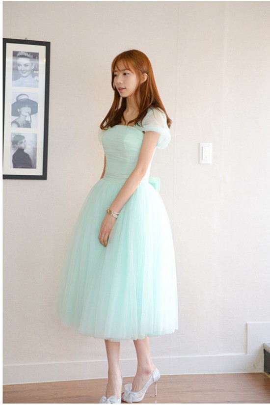 Short Cap-Sleeve Tulle Blue Bridesmaid Dresses/Evening Dresses BD010592