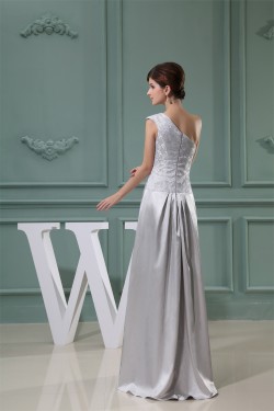 A-Line Beading One-Shoulder Sleeveless Lace Silk like Satin and Lace Best Long Bridesmaid Dresses 02010004