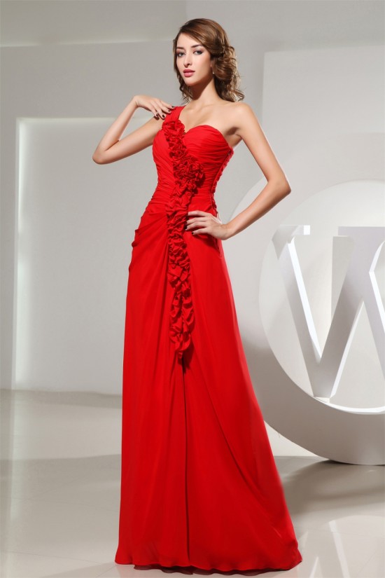 Falbala One-Shoulder Long Red Chiffon Bridesmaid Evening Dresses 02010027