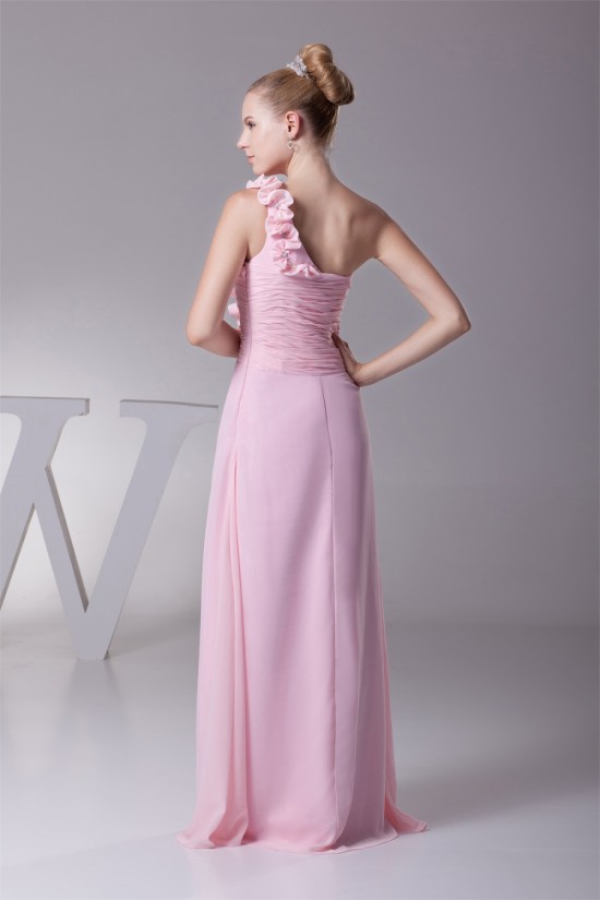 One-Shoulder Chiffon A-Line Long Pink Beaded Bridesmaid Dresses 02010067