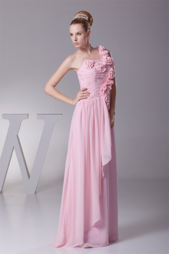 One-Shoulder Chiffon A-Line Long Pink Beaded Bridesmaid Dresses 02010067