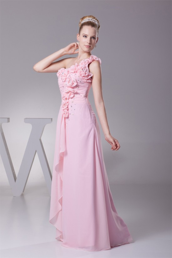 One-Shoulder Chiffon A-Line Long Pink Beaded Bridesmaid Dresses 02010067