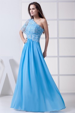 A-Line One-Shoulder Floor-Length Chiffon Lace Long Bridesmaid Dresses 02010070