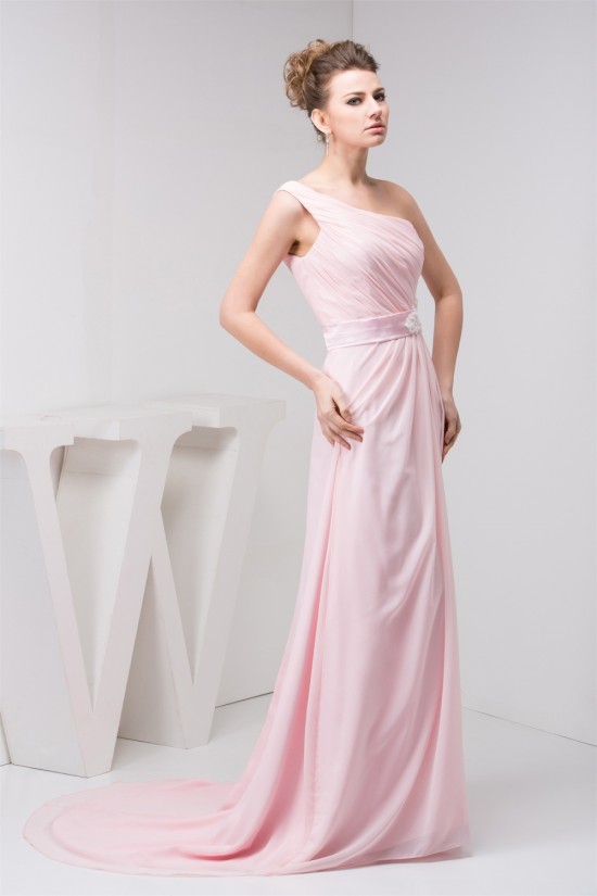 A-Line Beading Brush Sweep Train One-Shoulder Long Pink Chiffon Bridesmaid Dresses 02010089