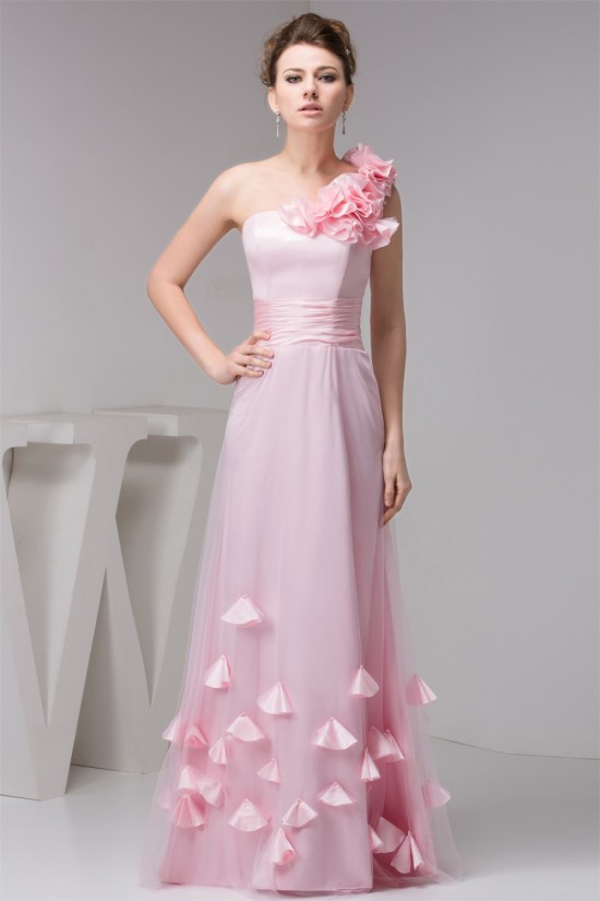 A-Line One-Shoulder Fine Netting Sleeveless Long Pink Bridesmaid Dresses 02010111 A-Line One-Shoulder Fine Netting Sleeveless Long Pink Bridesmaid Dresses 02010111