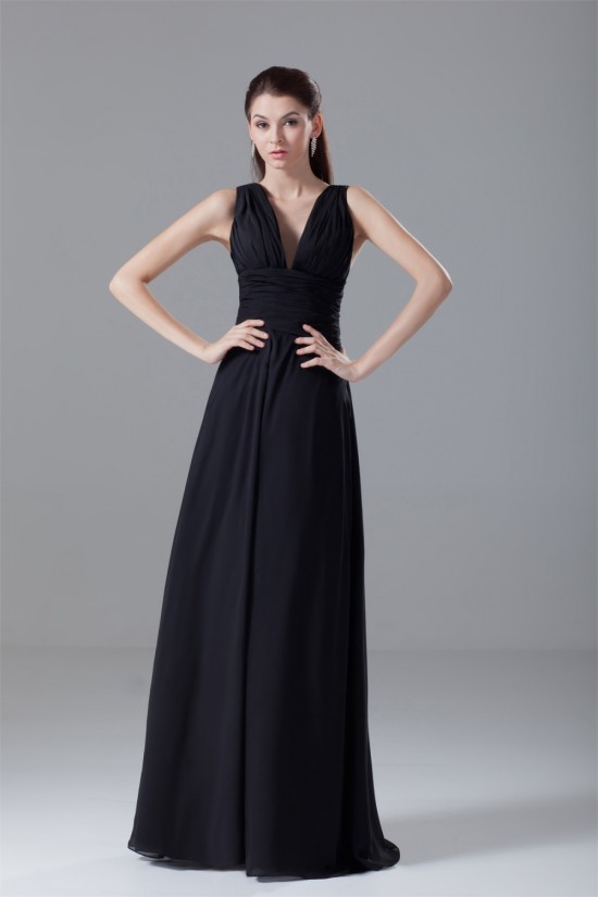 A-Line Chiffon V-Neck Long Black Bridesmaid/Wedding Party Dresses 02010121