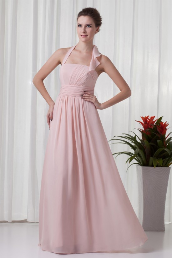 A-Line Sleeveless Floor-Length Ruched Halter Most Popular Long Bridesmaid Dresses 02010129