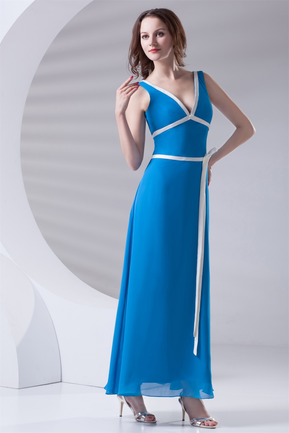 A Line V Neck Above Knee White Chiffon Pleats Bridesmaid Dress LBQB0051 main image 1