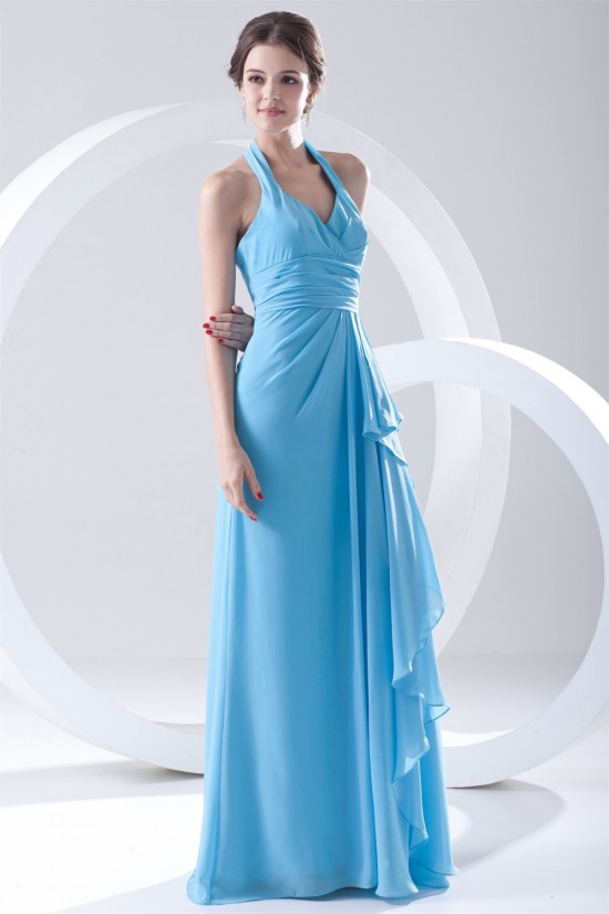Most Popular Halter Side Drapping Best Long Blue Chiffon Bridesmaid Dresses 02010142