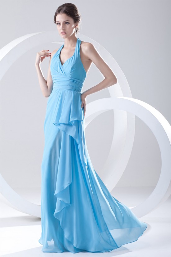Most Popular Halter Side Drapping Best Long Blue Chiffon Bridesmaid Dresses 02010142