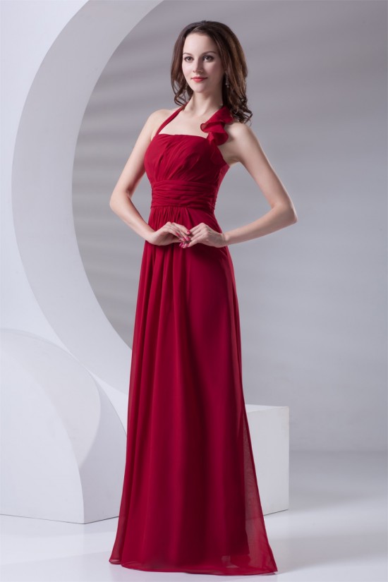 A-Line Halter Sleeveless Ruched Chiffon Long Red Bridesmaid Dresses 02010165