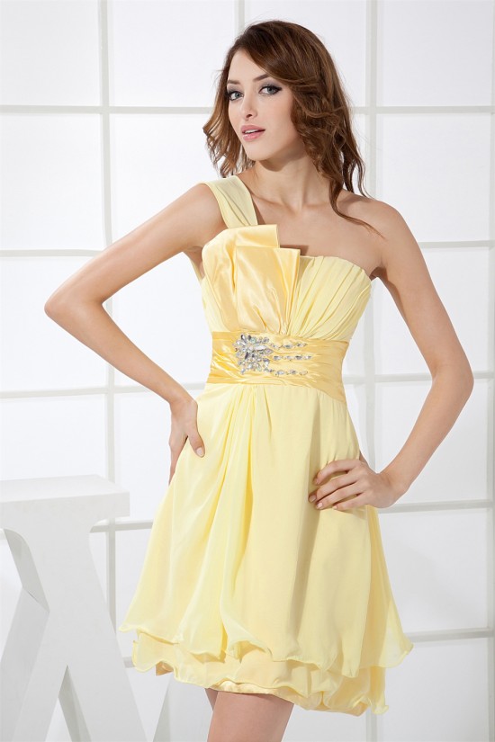Beading Sheath/Column Knee-Length One-Shoulder Short Yellow Bridesmaid Dresses 02010258 Beading Sheath/Column Knee-Length One-Shoulder Short Yellow Bridesmaid Dresses 02010258