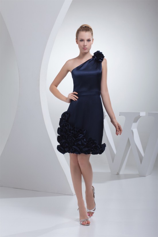 One-Shoulder Handmade Flowers Knee-Length Short Navy Blue Bridesmaid Dresses 02010316 One-Shoulder Handmade Flowers Knee-Length Short Navy Blue Bridesmaid Dresses 02010316